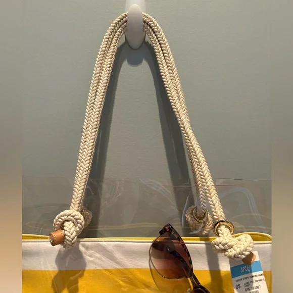 NWT J.McLaughlin Harper Clear Yellow Stripe Tote Stadium Beach Bag Rope - Picture 4 of 12